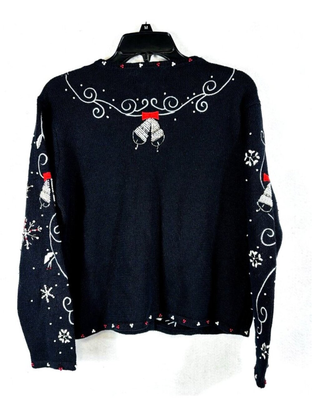 Hampshire Studio Ugly Christmas Sweater Black Cardigan Bells Snowflake Ivy Sz PM - Picture 3 of 9